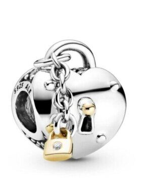 Pandora Pandora Two-Tone Heart & Lock 14K Gold Charm